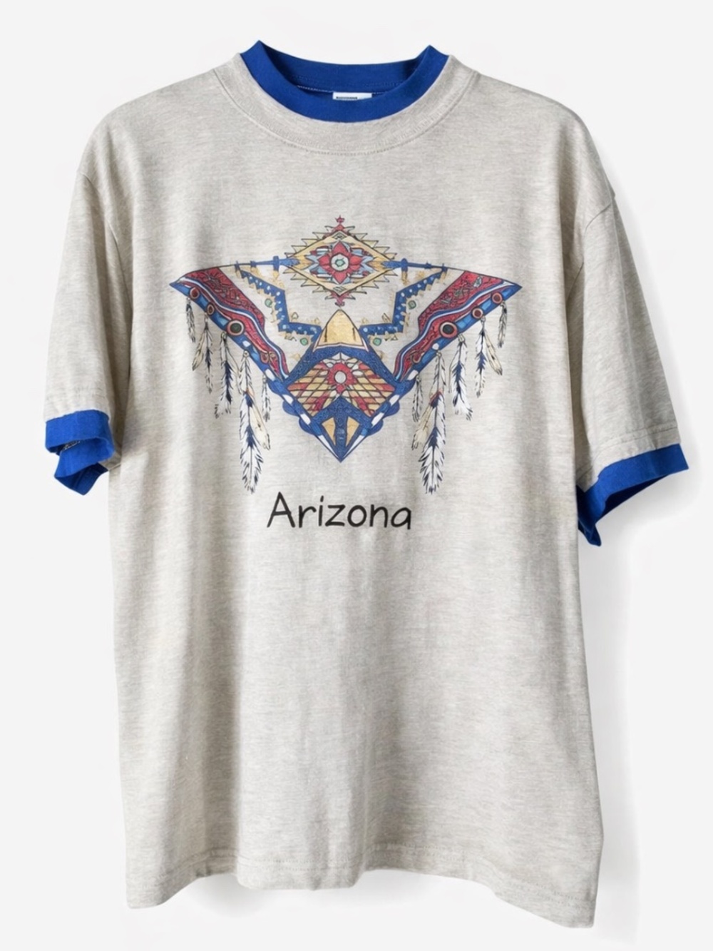 Vintage 90s Arizona Southwest Geometric Graphic Ringer T Shirt Blue Trim Large